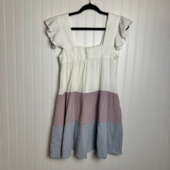 Entro Colorblock Gauze Square Neck Ruffle Sleeve Dress I9 - Picture 4 of 5